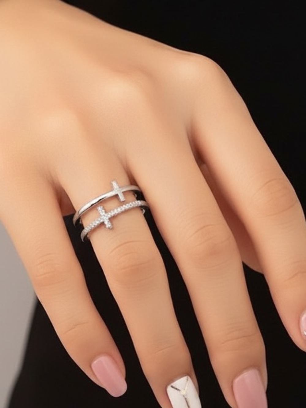 Double Layer Cross Ring Adjustable Minimalist Boho Celestial Religious Dainty